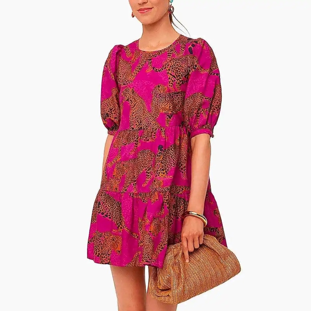 Farm Rio Artsy Leopard Tiered Minidress Short Sleeve Small